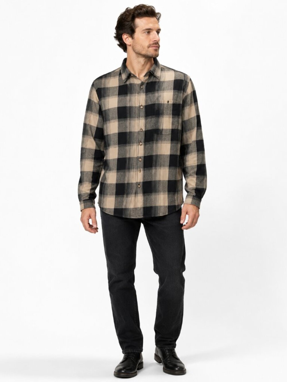 Boca Classics Men's Large Black Cream Plaid Flannel Shirt